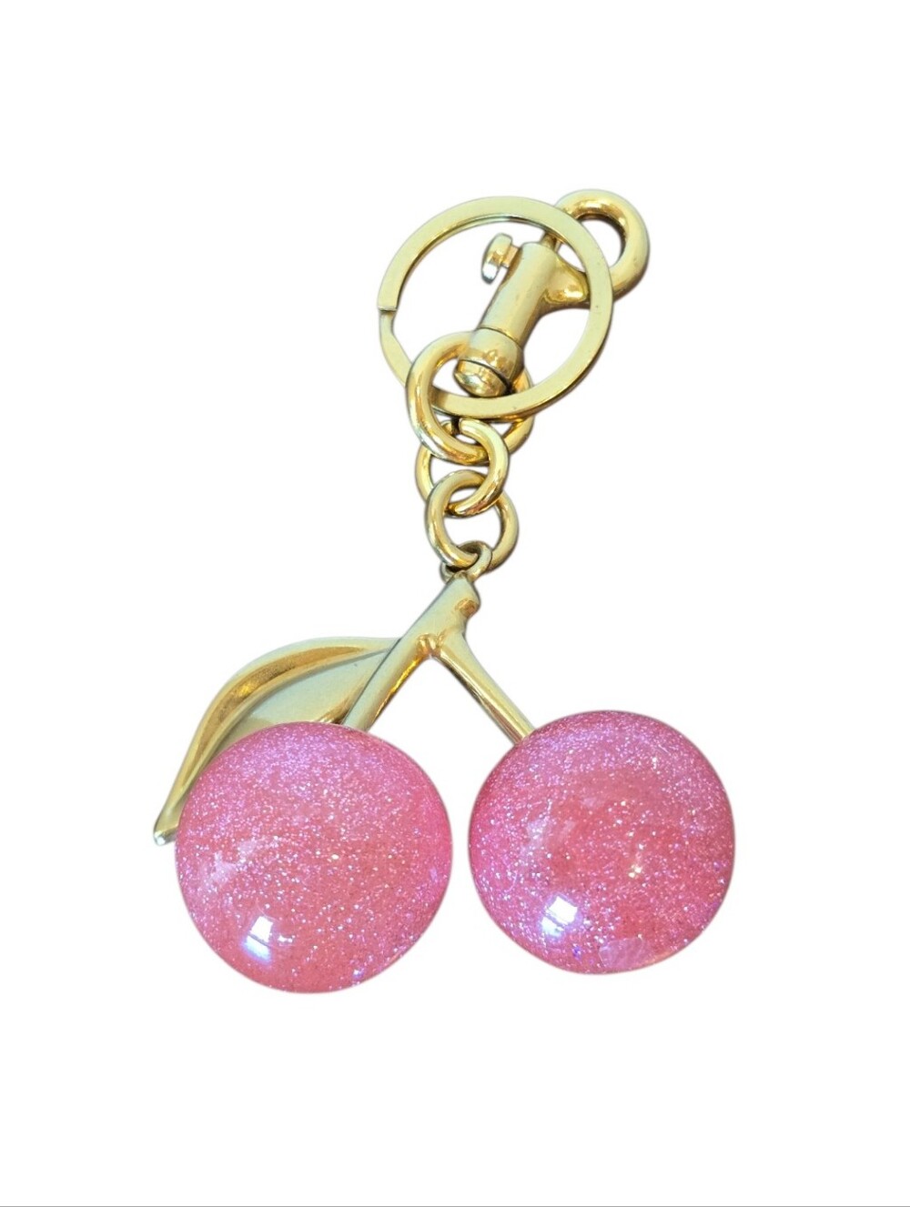 Cherry Pink Glitter Goldtone Bag Charm Key Chain - Picture 2 of 5
